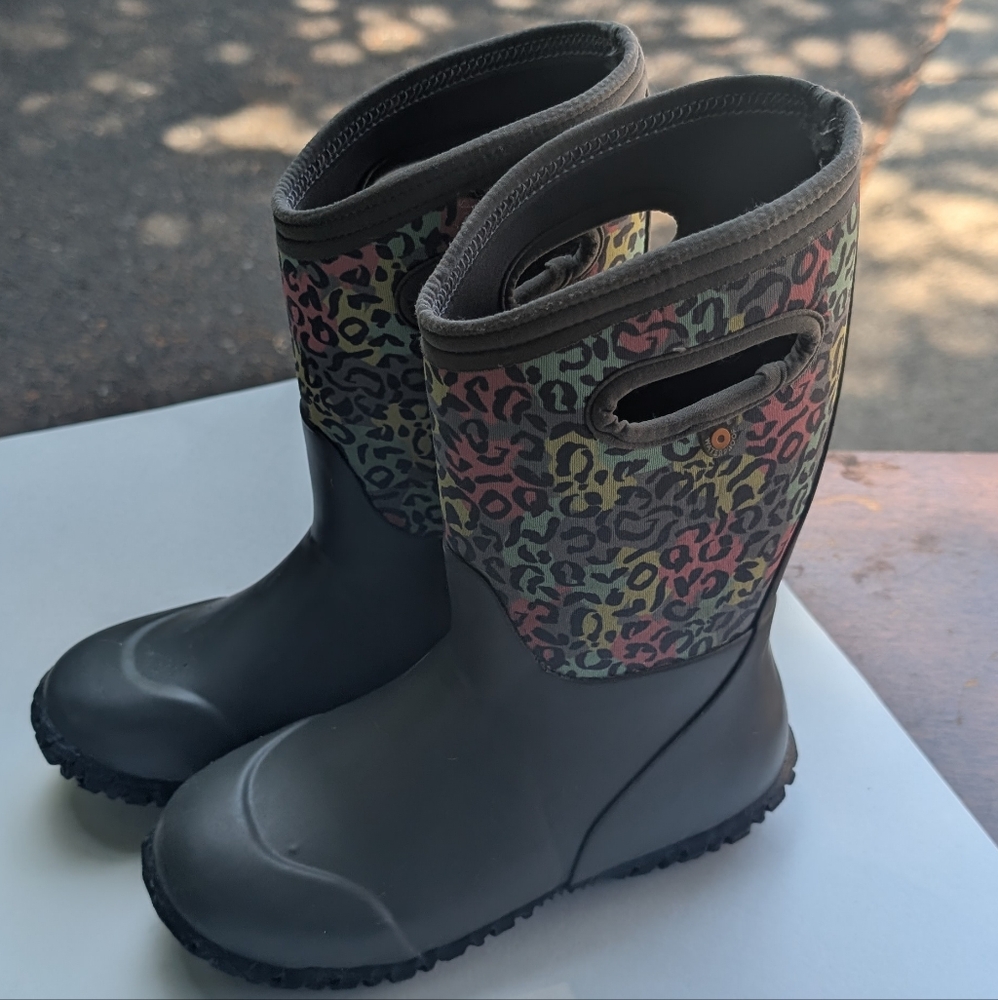 Bogs Kids Rain & Snow Boots - Black with Multicolor Leopard Print